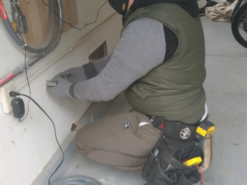 Electrician performing outlet wiring in a Selma garage